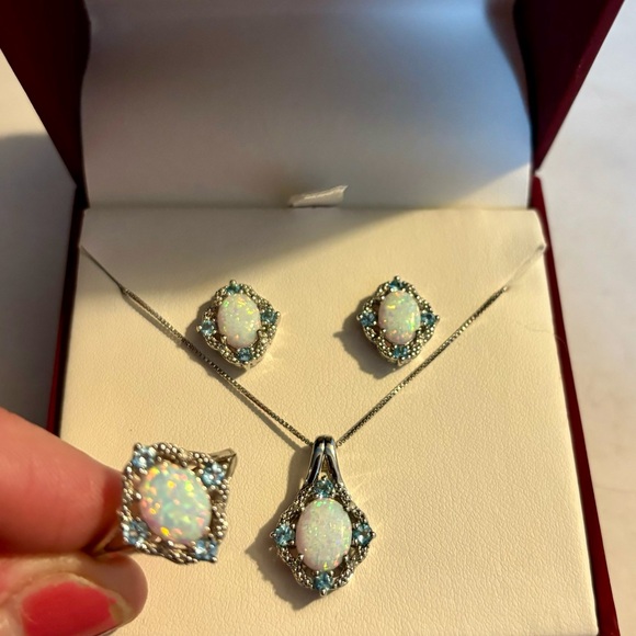 Opal with Natural Diamond and Blue Topaz Ring, Earrings and Necklace Set $750 - Picture 3 of 5